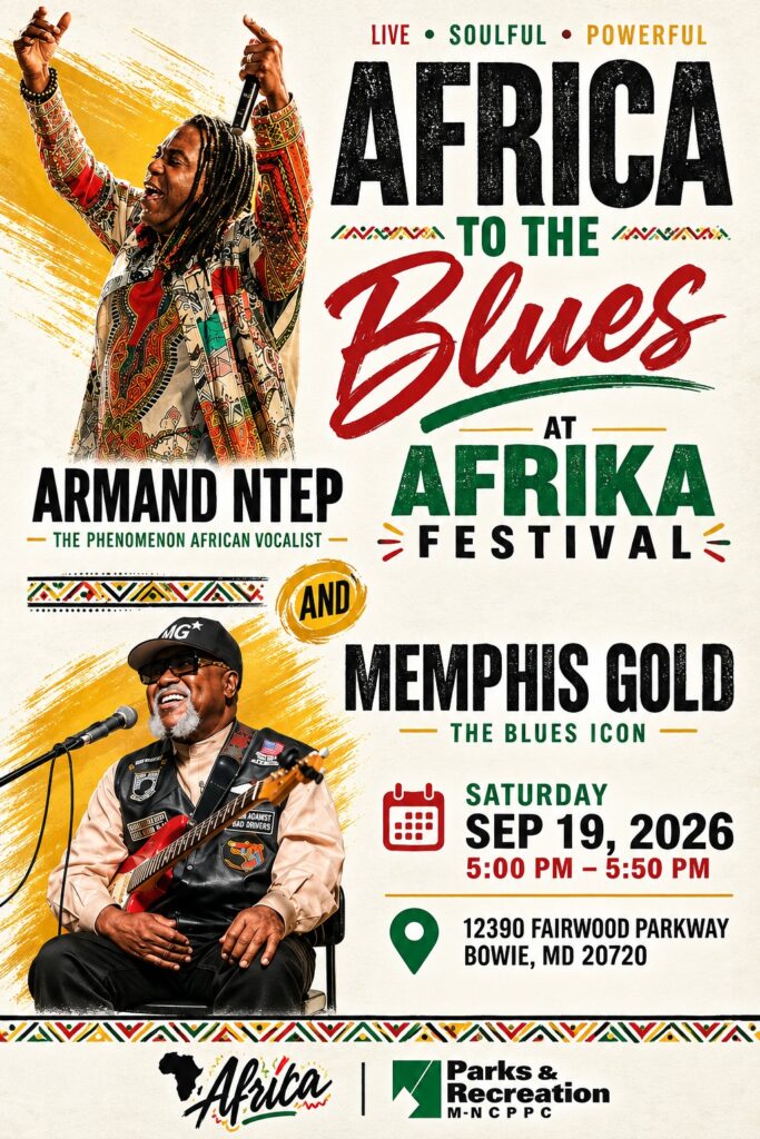 Africa to the Blues at Afrika Festival poster — Armand Ntep and Memphis Gold, Sep 19 2026, Bowie MD