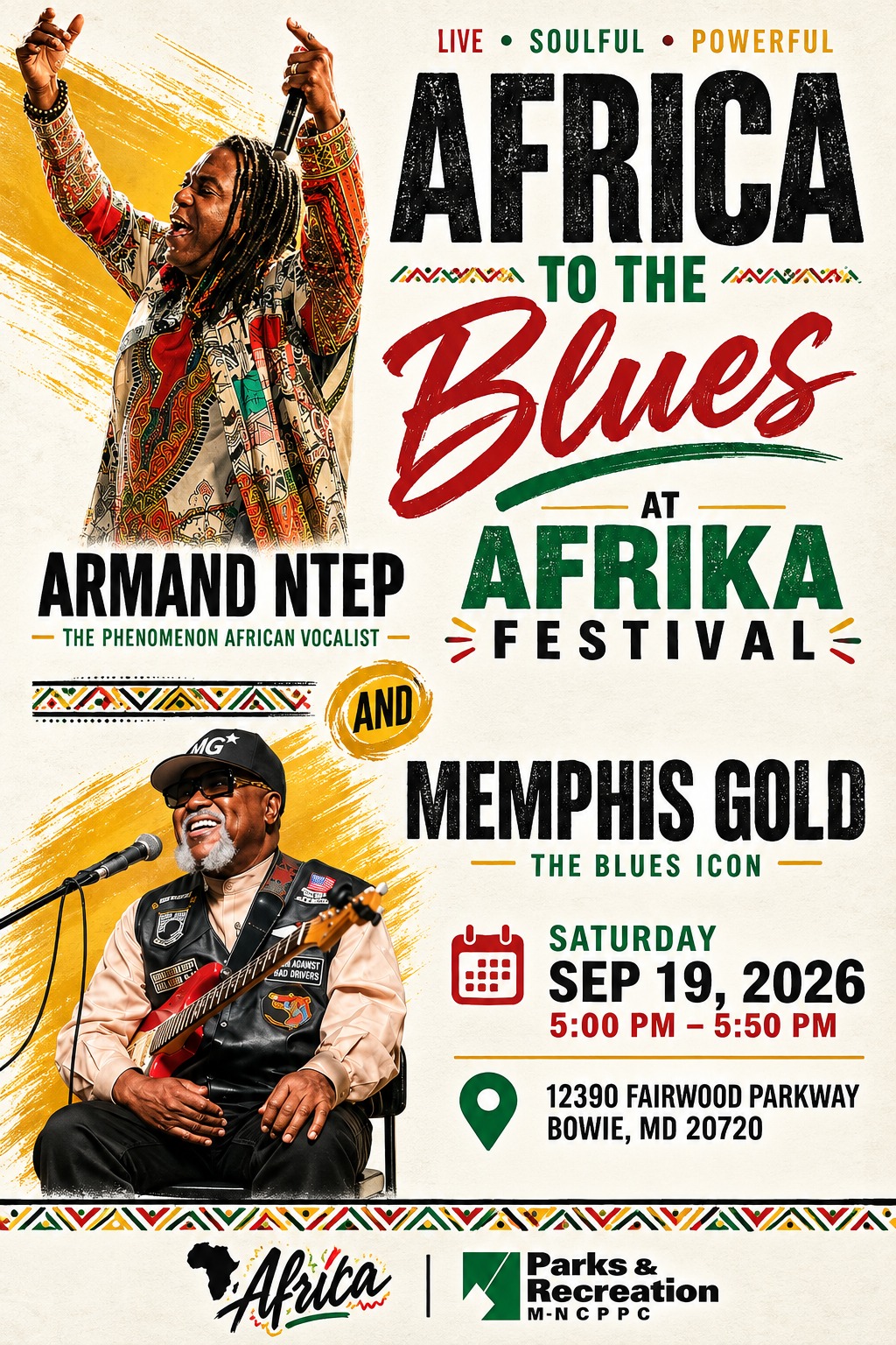 Africa to the Blues at Afrika Festival poster — Armand Ntep and Memphis Gold, Sep 19 2026, Bowie MD